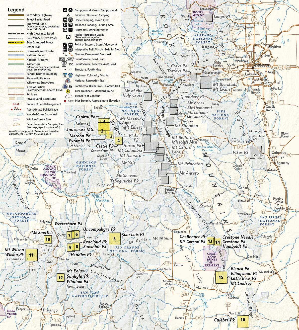 Colorado 14ers South Map [San Juan, Elk, and Sangre de Cristo Mountains]